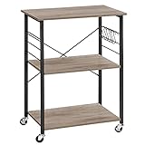 VASAGLE Küchenregal auf Rollen, Servierwagen mit 3 Ebenen, Küchenwagen, Mikrowellen-Regal, für Mini-Backofen, Toaster, Metallrahmen, mit 6 Haken, Industrie-Design, Greige-schwarz KKS060B02