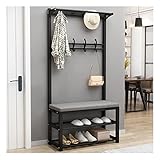 4-in-1-Eingangsbaum mit Schuhbank, Garderobe mit 12 Haken und 2 Hängestangen, mit Bank und Schuhaufbewahrung, Metallrahmen (Farbe: Schwarz, Größe: 80 x 33 x 170 cm)