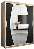 Kryspol Schwebetürenschrank Elypse 150 cm mit Spiegel Kleiderschrank Kleiderstange und Einlegeboden Schlafzimmer- Wohnzimmerschrank Schiebetüren Modern Design (Sonoma + Schwarz)