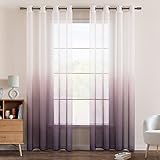 EMEMA Gardinen Transparent Vorhänge Voile Sheer Vorhang mit Ösen Farbverlauf Dekoschal Fensterschal für Schlafzimmer und Wohnzimmer 215 cm x 140 cm(H x B) 2er Set Weiß Lila