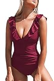 CUPSHE Damen Einteiler Badeanzug Rüschen V Ausschnitt Monokinis Bauchweg Einteiliger Bademode Swimsuit Weinrot M