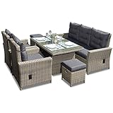 Green Spirit - Garten Sitzgruppe Asti - Braun, Polyrattan, für 7 Personen, Sicherheitsglas, Wetterfest, Gartenmöbel-Set mit Sofa, Tisch, 2 Sessel, 2 Hocker