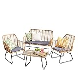 Neo Gartenmöbel Terrasse Korbgeflecht Bambus Stil Stuhl Tisch Outdoor Indoor Balkon Wintergarten Rattan Kissen Sofa Set 4-teilig (Dunkelgrau)