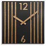 FLEXISTYLE Quadratische Wanduhr ohne tickgeräusche modern LAMELE 30cm Holz Eiche schwarz Wohnzimmer ohne tickgeräusche