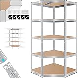 MASKO® Eckregal Lagerregal Schwerlastregal, Kellerregal, 180x75x40cm, bis 875 kg, 5 verstellbare Ablagen, MDF-Platten Regal aus Metall, Steckregal, Werkstattregal, Keller, Garage Silber