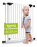 BOMI Baby Schutzgitter Treppe 63-251 | Ohne Bohren | 90° Stop | Schließt automatisch | Gittertür aus Metall Weiss | Stabile Baby Schutzgitter Tür für Kindersicherheit | Treppen Türgitter
