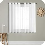 MRTREES Voile Gardinen Vorhang halbtransparent kurz mit Ösen in Leinenoptik Stores Gardinen Schals für Wohnzimmer Schlafzimmer Kinderzimmer Weiß 137×140cm (H×B) 2er Set