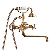 SWHC Mischbatterie Badewanne, Badewannenarmatur mit Handbrause Wandmontage, Antiquität Gold Wasserhahn Badewanne Messing, 90° Drehen Badewannenarmatur mit Umsteller