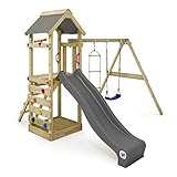 WICKEY Spielturm Klettergerüst FreeFlyer mit Schaukel & Anthraziter Rutsche, Outdoor Kinder Kletterturm mit Sandkasten, Leiter & Spiel-Zubehör für den Garten