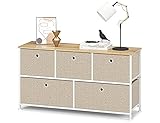 Kommode mit 5 Schubladen aus Stoff Sideboard Metall Schubladenschrank TV Schränke Organizer Kleideraufbewahrung Beistelltisch für Flur Schlafzimmer Küche Wohnzimmer Büro Stahl Holz Weiß & Beige