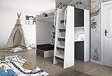 Marlux-Meble Hochbett JSM-7 90x200 TREPPE RECHTS mit Schreibtisch Schränke und Ausklappbares Sofa 70x180 Hochglanz Funktionsbett Etagenbett Stockbett Kinderhochbett Jugendhochbett (Graphit Glanz)