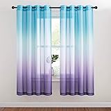 NICETOWN Gardinen Wohnzimmer Modern Kurz - 2er Set H 175 x B 140 cm Vorhang Leinenoptik Halbtransparent Voile Gardinen mit Blauen & Lila Farbverlauf Ösenvorhang Schlafzimmer, Blau+Lila