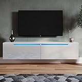 SONNI TV Schrank Weiss Hochglanz Griffloses Design TV Board Hängend mit LED-Beleuchtung TV Lowboard Fernseherschank 140x35x30cm für Ihr Wohnzimmer