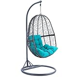 RAMROXX 41218SET Luxus Hängesessel Fun XL Polyrattan Korb und Gestell grau Kissen türkis