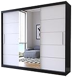 Fabryka Mebli Idźczak Schwebetürenschrank Alba 250 cm, Schiebetürenschrank mit Spiegel, Kleiderschrank Kleiderstange und Einlegeboden, Schlafzimmerschrank, Schiebetüren, Modern Design (Schwarz/Weiß)