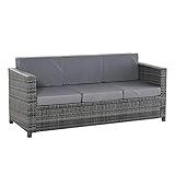 Outsunny Poly-Rattan Sofa mit Kissen 3-Sitzer Garten Loungesofa Metall Polyester Grau 185 x 70 x 80 cm