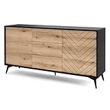 GRAINGOLD Kommode Deyn Artisan Eiche und Schwarz T39 x B154 x H77 cm – Moderner Schrank mit Push-to-Open-Mechanismus für Schlafzimmer, Wohnzimmer – Sideboard mit Fächern und Schubladen