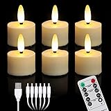 yunsheng 6 Stück Wiederaufladbare LED Teelichter, Flammenlose Kerzen mit Timer-Fernbedienung und 6 Anschlüsse USB-Ladekabel, Warmweißes Flackernde Licht, Halloween Weihnachten Hause Hochzeit Deko