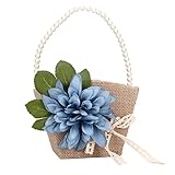 QANYEGN Vintage-Blumenkorb aus Leinen, Tragbarer Blumenkorb, Süßigkeiten-Geschenkkorb Mit Perlengriff Für Hochzeitszeremonie, Kleiner Blumenkorb(Blaue Blume)