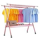 luckxuan Wäscheständer/Wäschetrockner Teleskope Wäschestange Doppelstange X-förmige Kleidung, Aluminiumlegierung Faltbarer Bodenkleidung, mit 4 Rollen Clothes Drying Rack (Color : Roze)