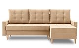 BETTSO-Ecksofa mit Schlaffunktion und Bettkasten, Couch für Wohnzimmer, Schlafsofa Sofagarnitur Sofa Eckcouch L-Form Wohnlandschaft mit Bettfunktion (227x75x148cm)-NELA (Beige, Rechts)