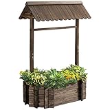 Outsunny Hochbeet Holzbrunnen mit Dach Blumenkübel Wunschbrunnen Pflanzkasten Blumentopf Rosenbogen Garten Holz Rustikales Braun 93 x 55 x 137 cm