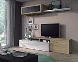 Dmora TV-Wohnzimmer-Set mit Zwei Türen, Hängemodul und Regal, Eiche und Weiß glänzend, 44 x 200 x 41 cm