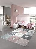 CARPETIA Kinderteppich Spielteppich Babyteppich Mädchen mit Herz Stern rosa Creme grau Größe 140x200 cm