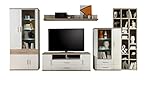 trendteam Wohnzimmer 5-teilige Set Kombination Arena, 425 x 199 x 47 cm in Korpus Weiß Front Weiß Hochglanz, Absetzungen Eiche Sägerau hell mit viel Stauraum