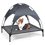 GOPLUS Hundeliege mit Dach, Erhöhtes Hundebett, Haustierbett mit Eisenrahmen, Wasserdichtes Hundesofa, Katzenbett mit Sonnensegel, rutschfeste Fußpolster, für Indoor & Outdoor (90x81x86cm)