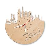 Skyline Istanbul Wanduhr aus Birken-Holz Made in Germany | Design Uhr aus Echtholz | Wand-Deko aus Birke | Originelle Wand-Uhr | Moderne Wand-Uhr im Skyline Design | Wand-Dekoration aus Natur-Holz