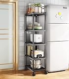 SAYZH Standregal, 5 Etagen Robustes Metallregal Schmal Küchenregal, lagerregal mit Rollen und rutschfesten Füßen für Garage, Küche, Büro, Bücherzimmer, Ecke, Schwarz