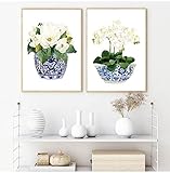 Tanyang Weiße Orchidee &; Magnolie Aquarell Chinoiserie Dekor Leinwandbild Orientalische Vase Blau Weiß Weide Stil Porzellan Blumenglas 40Cmx60Cmx2Pcs Kein Rahmen