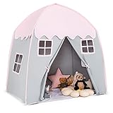 GOPLUS Kinderzelt, großes Spielzelt 143x100x155cm, mit Tragetasche, Anti-Rutsch-Matte, Reißverschlusstür, atmungsaktive Fenster, Spielhaus für drinnen & draußen für 2-3 Kinder (Rosa)