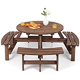 COSTWAY Picknicktisch Set Holz für 8 Personen, Gartentisch mit Schirmloch & 4 Bänken, Terrassenmöbel Gartenmöbel Essgruppe für Garten, Terrasse, Rasen