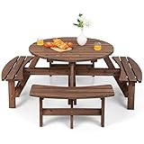 COSTWAY Picknicktisch Set Holz für 8 Personen, Gartentisch mit Schirmloch & 4 Bänken, Terrassenmöbel Gartenmöbel Essgruppe für Garten, Terrasse, Rasen