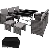 TecTake 800821 Poly Rattan Sitzgruppe | 6 Stühle 4 Hocker 1 Tisch + Schutzhülle & Edelstahlschrauben - Diverse Farben - (Grau | Nr. 403867)