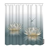 AOYEGO Duschvorhang-Set mit Blumenmuster, Libelle auf Botanik, Seerose, Lotusblüte im Teich, Duschvorhang, 183 x 183 cm, dekorativer Polyesterstoff mit Haken, Grau / Weiß
