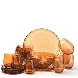 TREND FOR HOME Geschirrset 4 Personen 20-teiliges Glas Bunt Kombiservice Garten Party Geschirr Set Tafelservice Große Teller Große Schalen Kleine Schalen Dessertteller Gläser | Amber