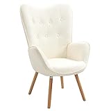 MEUBLE COSY Sessel Relaxsessel Lehnstühle Polstersessel Einzelsofa mit Holzbein Ohrensessel für Wohnzimmer Schlafzimmer Büro Vanity, Bouclé Frottier, Weiß, Holz, 68x71x106cm