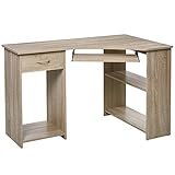 HOMCOM Eckschreibtisch mit 2 Ablageflächen L-förmiger Schreibtisch Computertisch mit Tastaturablage Schublade CPU-Ständer E1-Spanplatte Naturholz 120 x 70 x 75 cm