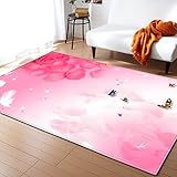 AIKARA Modern Teppich - Kurzflor Waschbar - Weich Teppich für Wohnzimmer, Schlafzimmer, Esszimmer – Rosa Blütenblätter, Tierschmetterling - 50 * 80CM