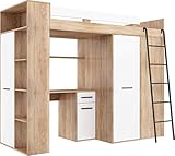 FurnitureByJDM Hochbett mit Schreibtisch, Kleiderschrank und Bücherregal - Verana R - (Eiche Sonoma/Weiß)