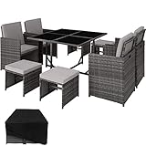 TecTake 800820 Poly Rattan Sitzgruppe Cube | inkl. Schutzhülle & Edelstahlschrauben | 4 Stühle 1 Tisch 4 Hocker - Diverse Farben - (Grau | Nr. 403901)