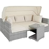 TecTake 800771 Aluminium Poly Rattan Lounge Set, 16-teilig, wetterfest, Garten Sofa mit Sonnendach, Outdoor Sitzgruppe inkl. Kissen und Beistelltisch (Hellgrau | Nr. 403712)