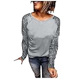 Damen Langarm T-Shirt Top Langarmshirt Casual Pullover Blusen Oberteile Elegant Blusen Tunika Weiche Bequeme Sommer Top Langarmshirt Rundhals Gym Yoga Top Pailletten Langarm T-Shirt Top