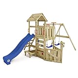 WICKEY Spielturm Klettergerüst GalleyFlyer mit Schaukel & Wellenrutsche, Garten Kletterturm für Kinder mit Sandkasten, Kletterleiter & Spiel-Zubehör – blau