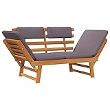 Sweiko 75' Akazie Massiv Sonnenliege, 2-in-1 Gartenbank/Gartenliege mit Auflagen, Sitzbank Bank Liege Gartenmöbel Balkonbank Parkbank Terrasse Sofa Couch Verstellbare Armlehnen Braun+Grau