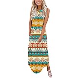 Eauptffy Sommerkleid Damen Shirtkleid Chiffon Kurzarm A-Linie Frauen Drucken Lose Sommerkleid Langes Kleid Kreuz Und Quer Ärmelloses Split Maxikleid Sommer Strandkleid Mit Tasche Festkleider Damen