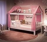 Alcube® Hausbett 90x200 mit Rausfallschutz, Lattenrost - inkl. Matratze 90x200 und Rosa Deko ohne Cotton Ball Licht - Kinderbett 90x200 cm für Jungen & Mädchen - Kinder Haus Bett aus Kieferholz Weiß